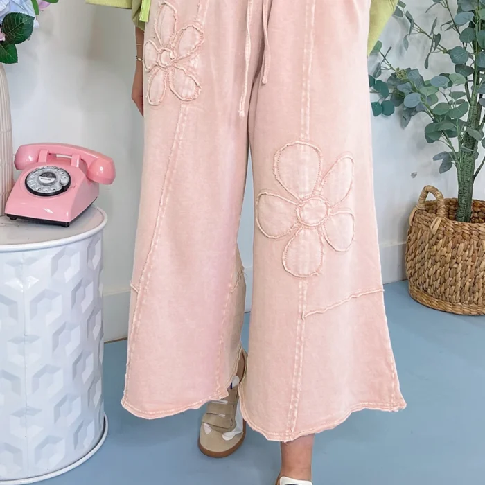 Pink Flower Patch Mineral Washed Cropped Wide Leg Pants