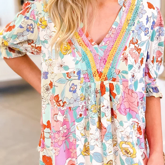 Pink Boho Flower Print Frill Neck Puff Sleeve Blouse