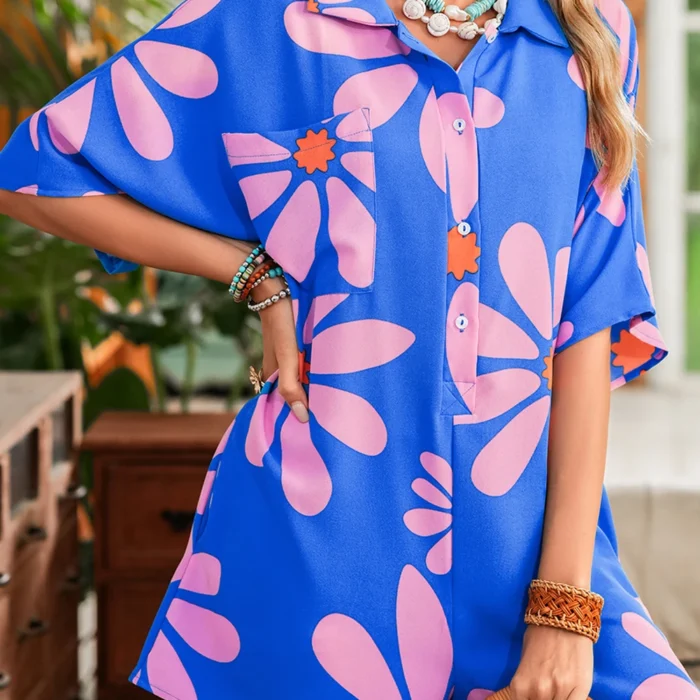 Blue Summer Flower Print Shirt Collar Loose Romper