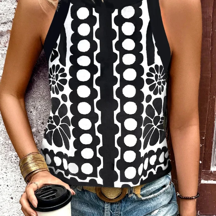 Black Geometric Print Sleeveless Top