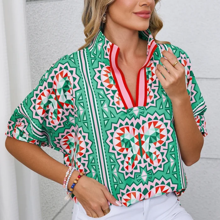 Sea Green Boho Geometric Print Pop of Color Neckline Blouse