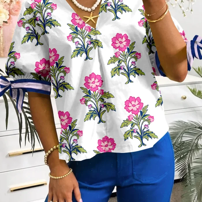 White Floral Print Knot Bubble Sleeve V Neck Blouse