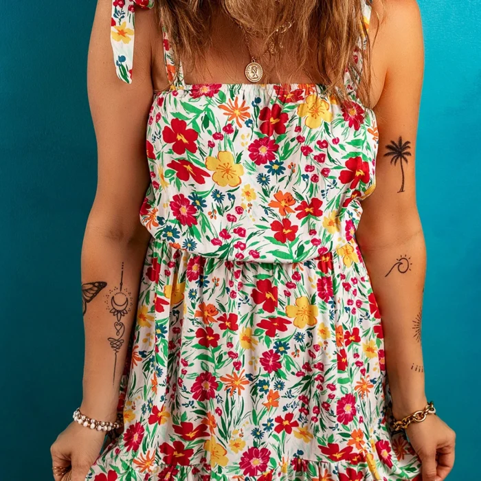 Red Floral Print Knotted Strap Cinched Waist Ruffle Hem Mini Dress