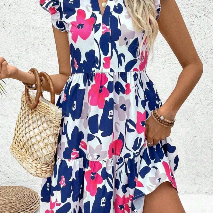 Rose Floral Print Notched Neck Flutter Sleeve Mini Dress