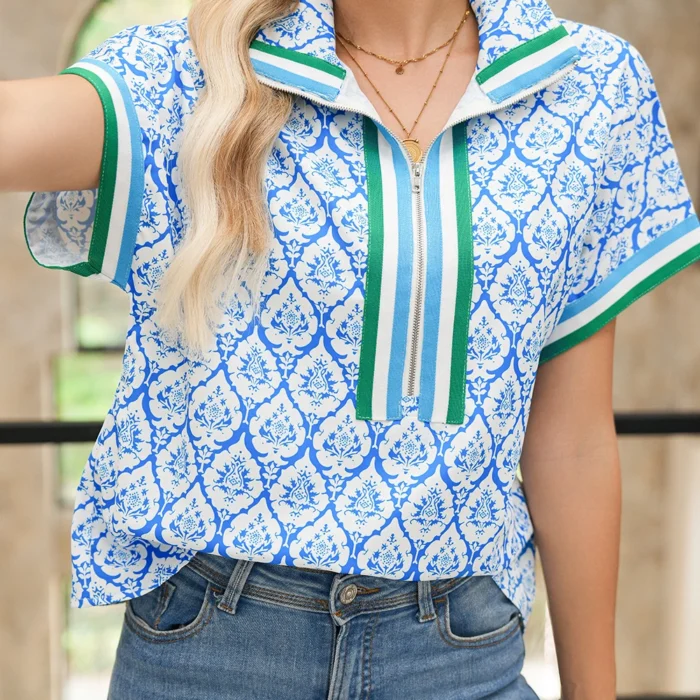 Sky Blue Colorblock Striped Collar Bohemian Print Blouse
