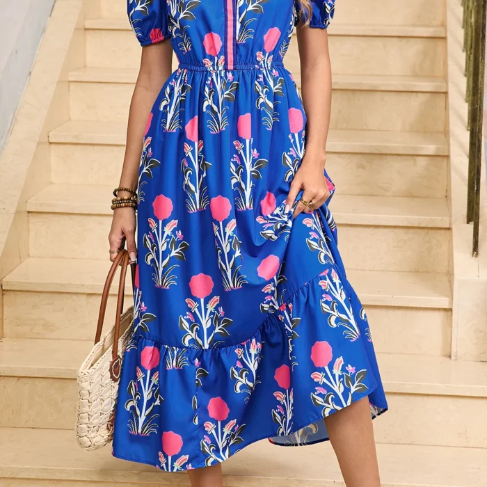 Sky Blue Floral Ruffle Hem Pop of Color Neckline Dress