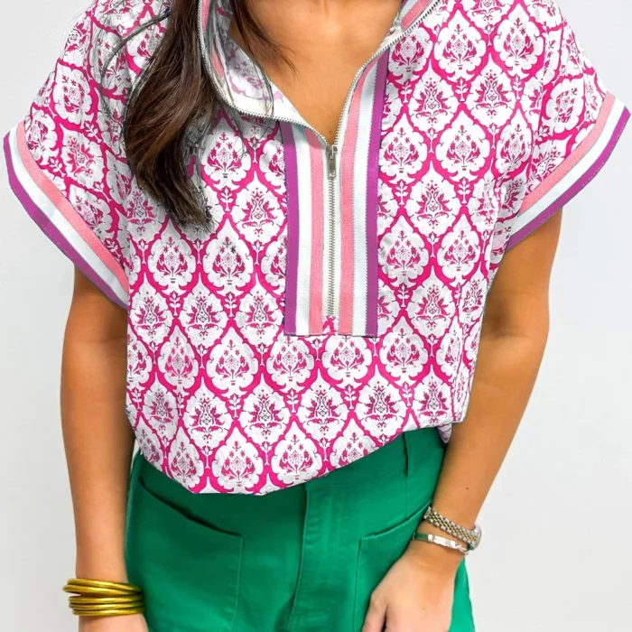 Pink Colorblock Striped Collar Bohemian Print Blouse