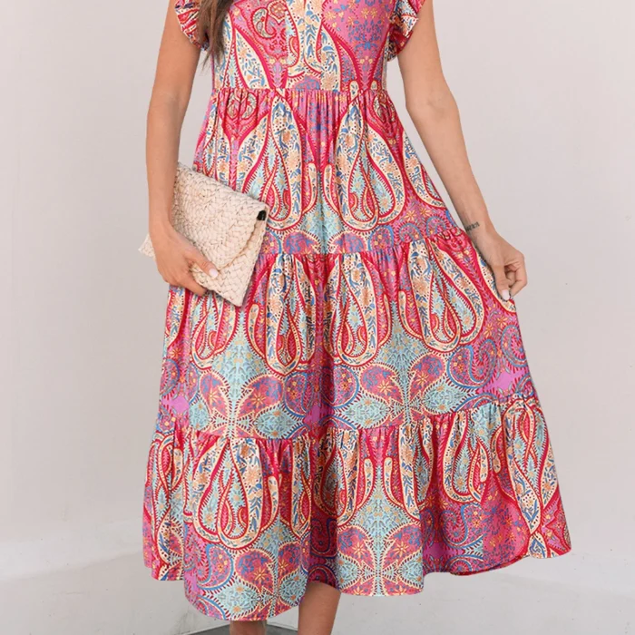 Rose Ethnic Paisley Print Ruffle Sleeve Notch Neck Midi Dress