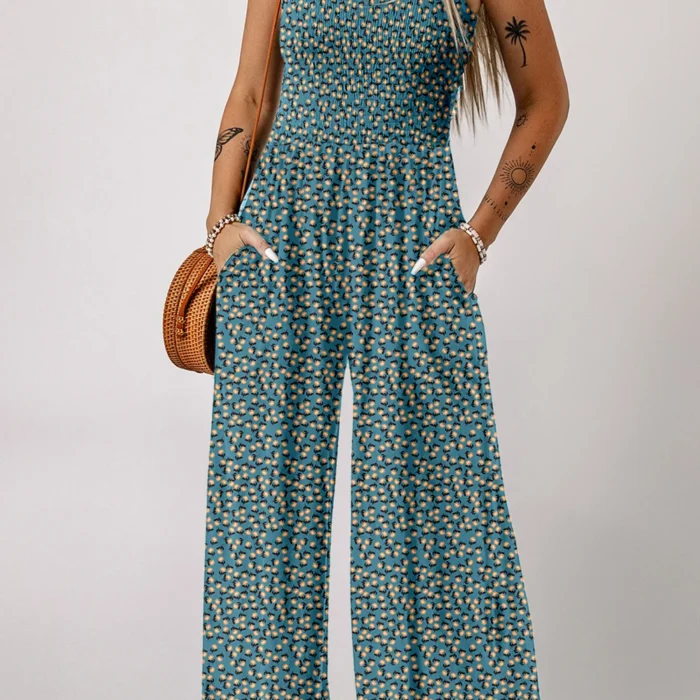 Green Floral Square Neckline Stretch High Waist Jumpsuit