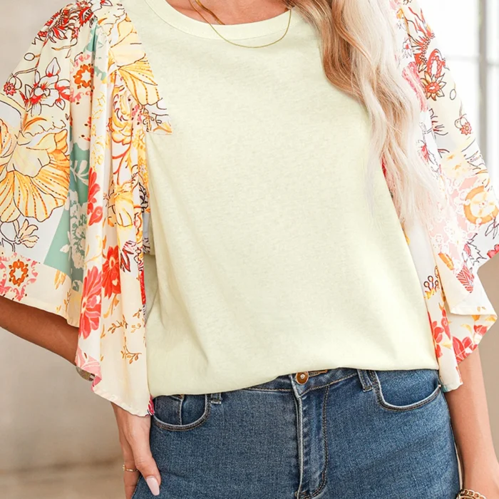 Beige Floral Patchwork Batwing Sleeve Blouse