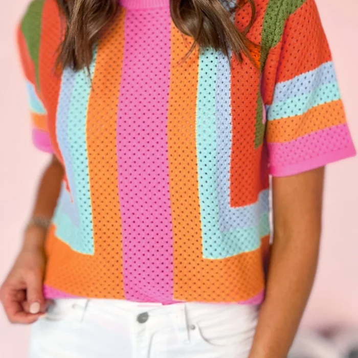 Orange Colorblock Eyelet Casual Knit T Shirt