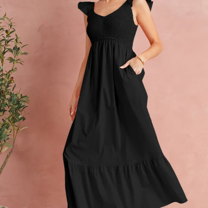 Black V Neck Flutter Sleeve Smocked Bodice High Waist Ruffle Maxi Dress