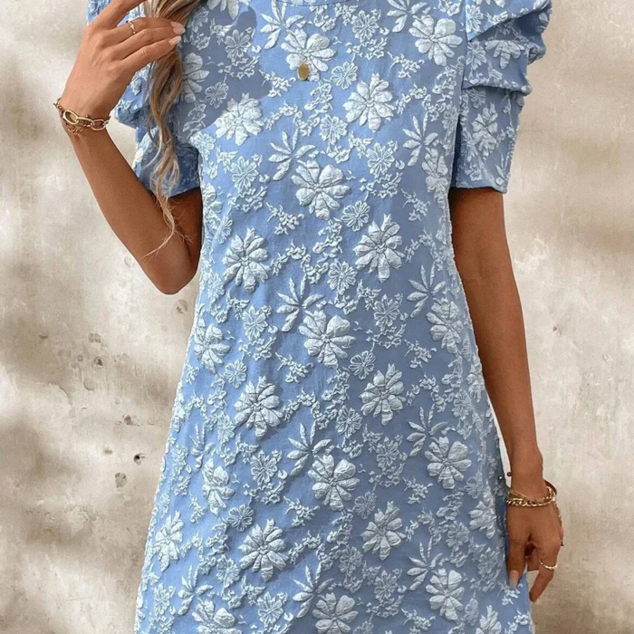 Sky Blue Floal Jacquard Elegant Mini Dress
