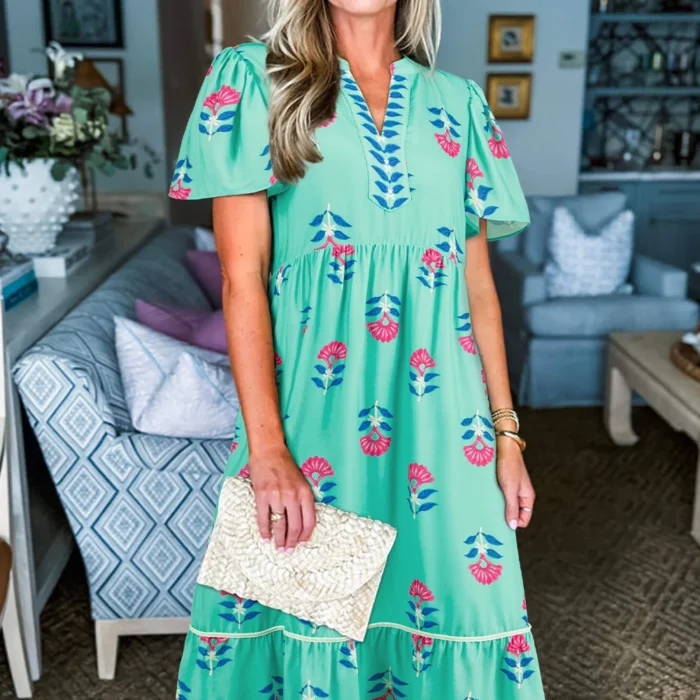 Green Floral Print Notched Neck Flounce Sleeve Midi Dress